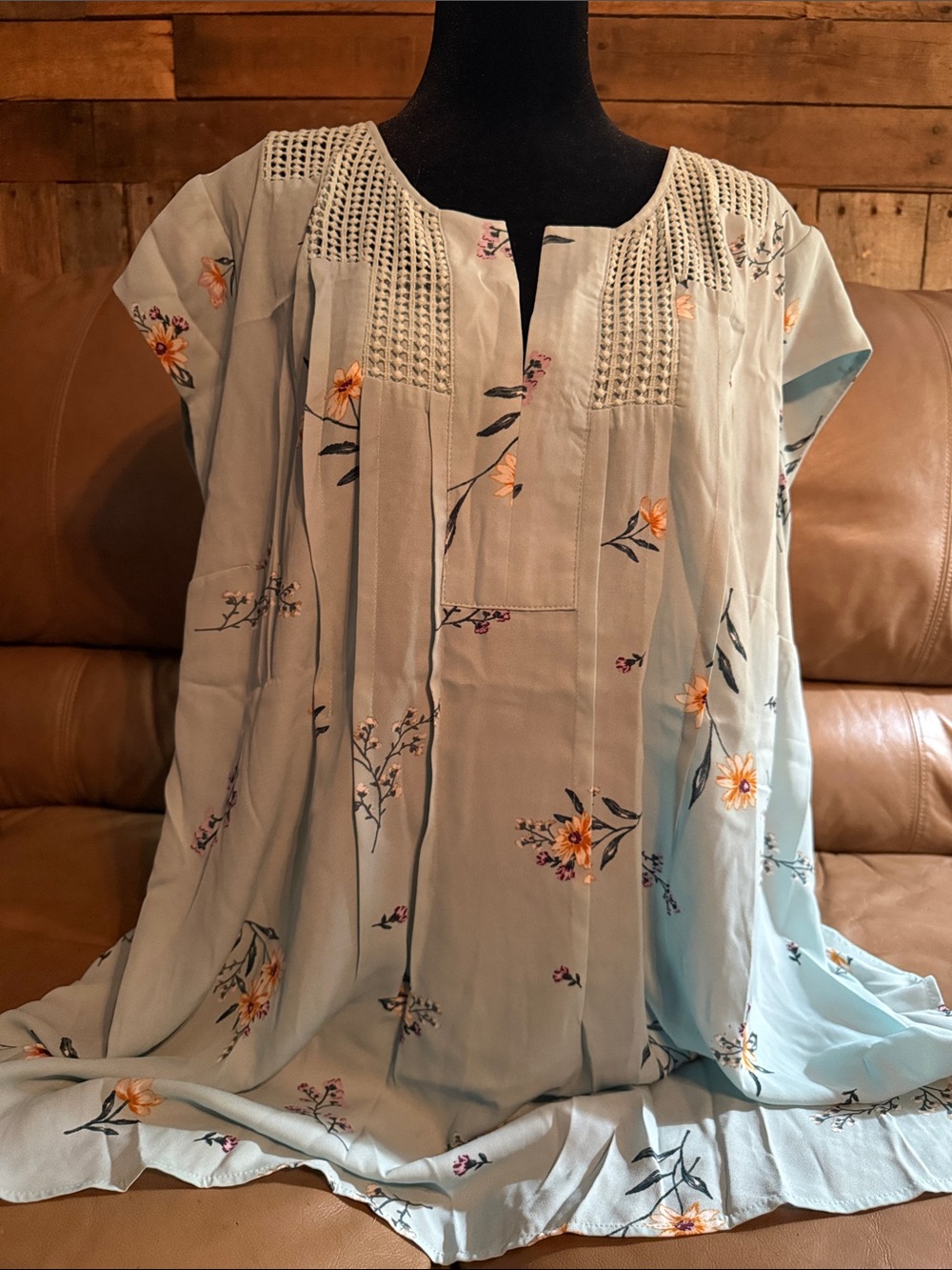 Light Blue Floral Pintuck Tunic Top